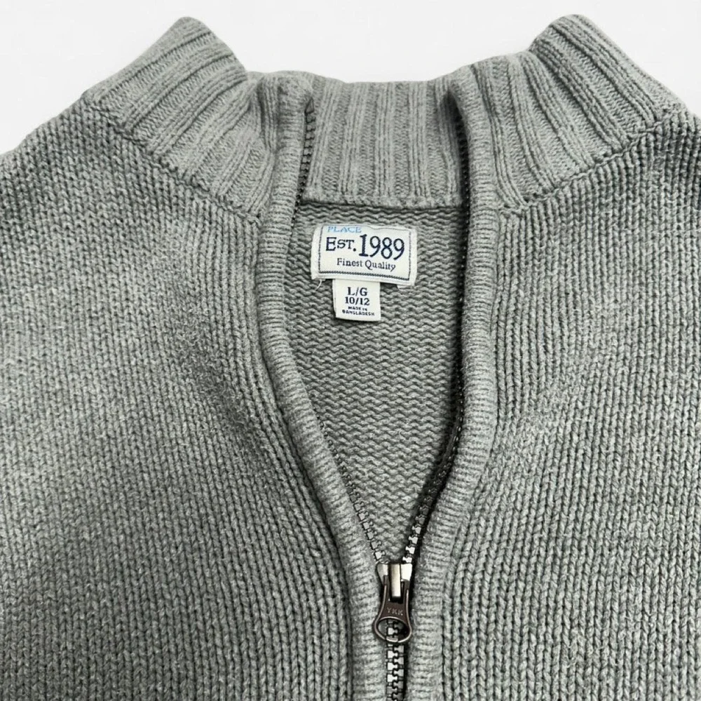 The Childrens Place Boys Gray Full Zip Mock Neck Sweater Size L 10/12 Est 1989